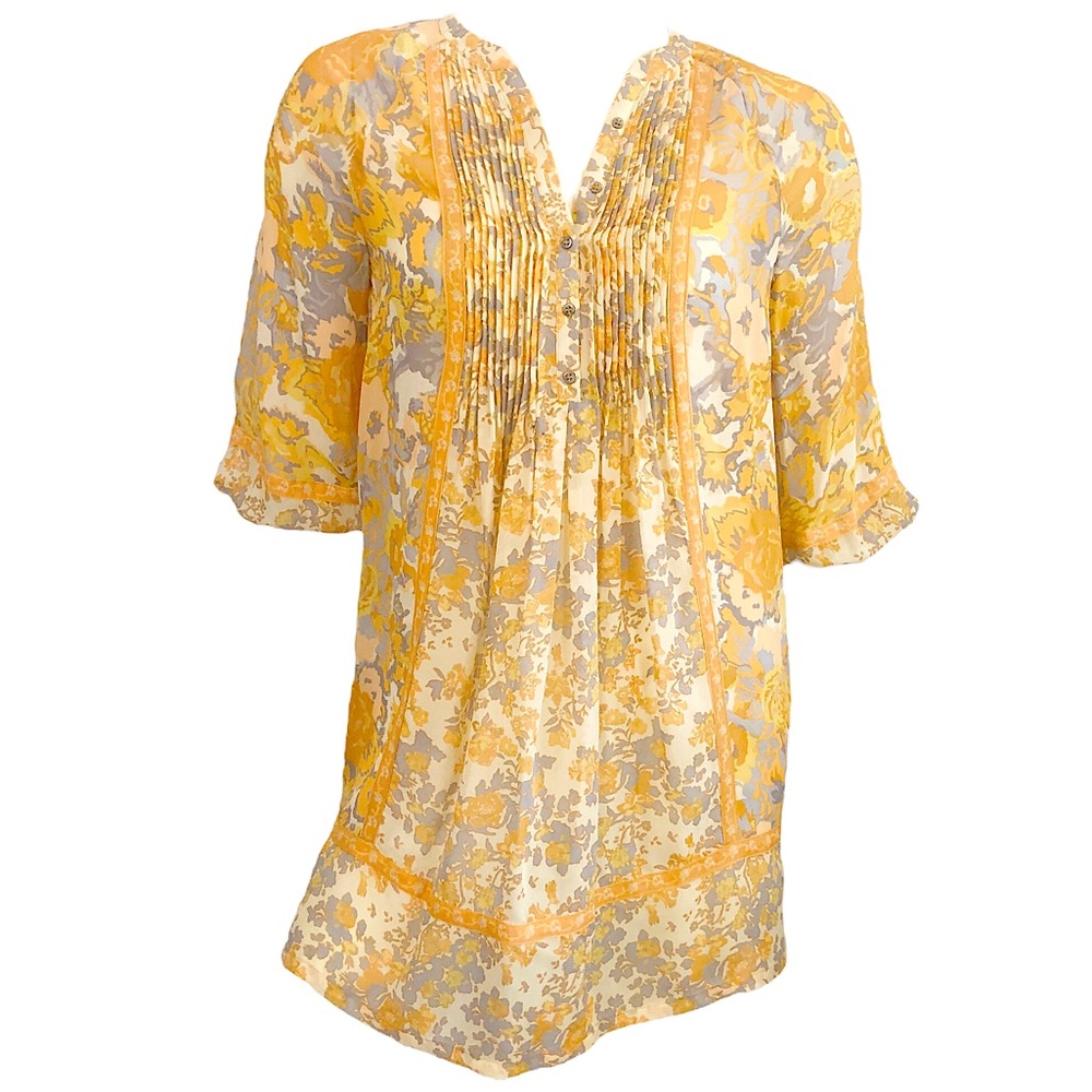 JOIE Yellow Orange Grey Floral Print Silk Chiffon Pleat Front Ballon Sleeve Mini